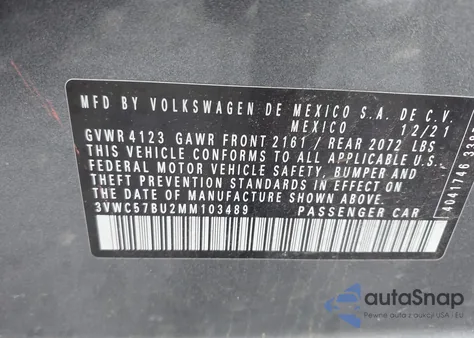 2021 Volkswagen Jetta 1.4T R-Line/1.4T S/1.4T Se z USA, uszkodzony, nr VIN 3VWC57BU2MM103489